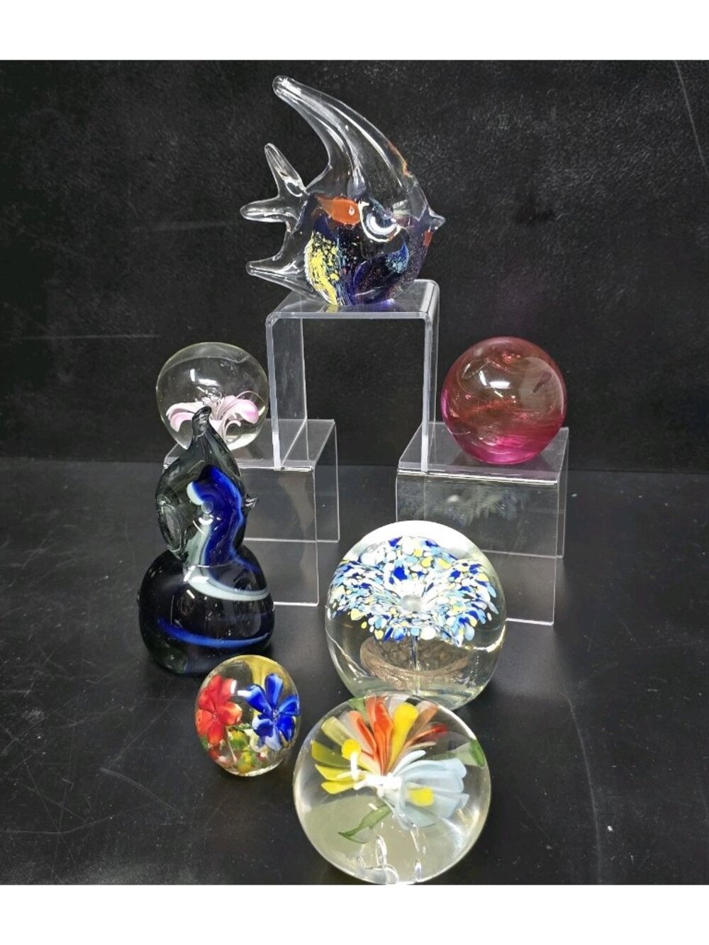Paperweight Lot Fishe Elephant Flowers Aventurine Murano Style * Lot Of 7